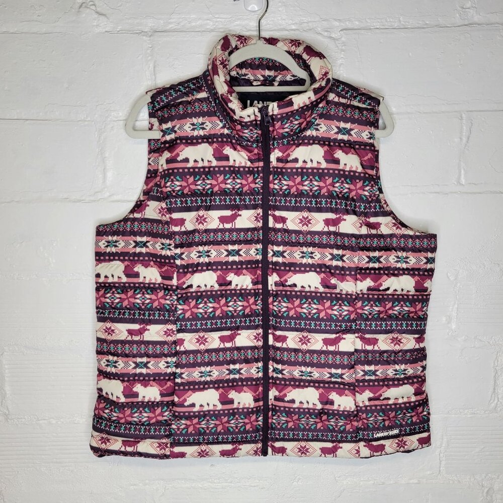 Lands' End Girls' Pink and Cream Patterned Puffer Vest